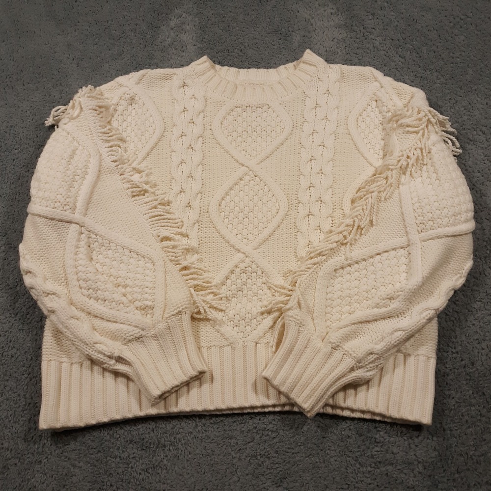 Line And Dot Sweater Fringe Crew Neck Pullover Womens Large Beige Knit Heavy